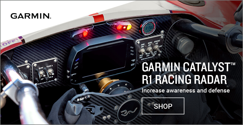 Catalyst R1 Close-up of a race car cockpit promoting Garmin Catalyst R1 Racing Radar with a Shop button.