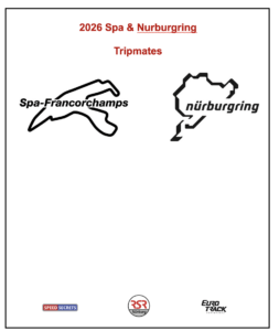Promotional flyer for 2026 Spa & Nürburgring Tripmates, showing track logos and sponsor logos for Speed Secrets, RSR Nürburg, and Euro Track Adventures.